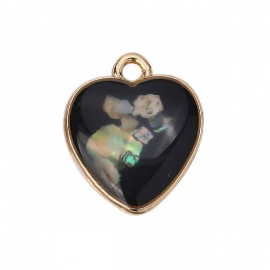 Picture of Zinc Based Alloy & Acrylic Charms Heart Gold Plated Black Shell AB Color 17mm( 5/8") x 14mm( 4/8"), 10 PCs