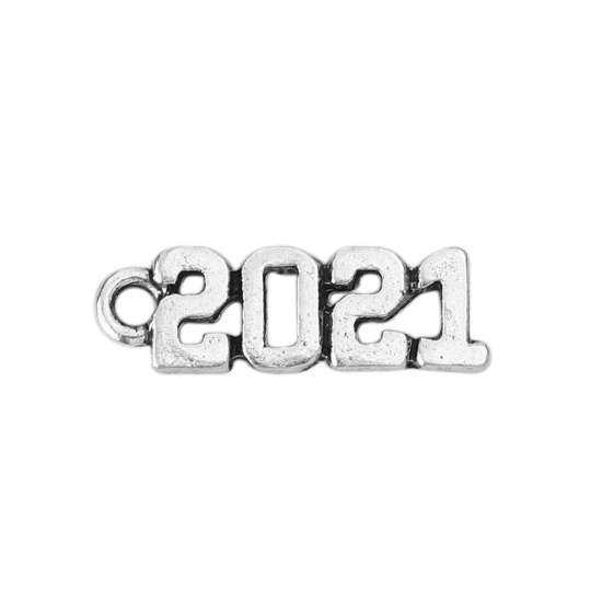 Immagine di Lega di Zinco Charms Numero Argento Antico Messaggio " 2021 " 19mm x 6mm , 30 Pz