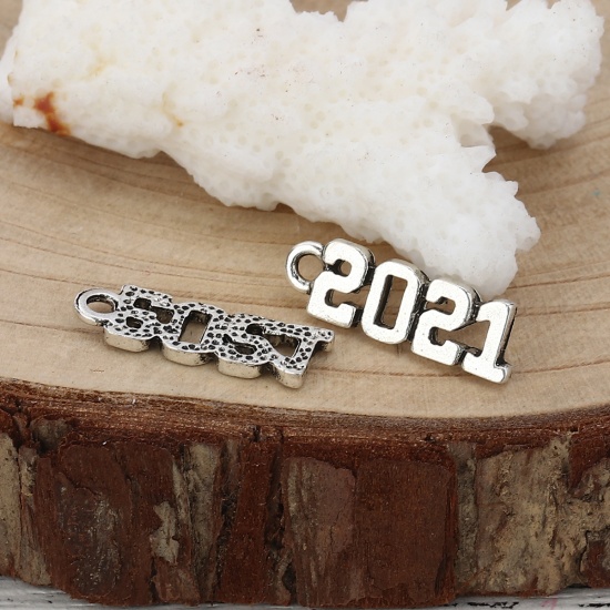 Picture of Zinc Based Alloy Charms Number Antique Silver Message " 2021 " 19mm( 6/8") x 6mm( 2/8"), 30 PCs
