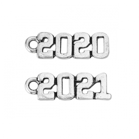 Immagine di Lega di Zinco Charms Numero Argento Antico Messaggio " 2021 " 19mm x 6mm , 30 Pz