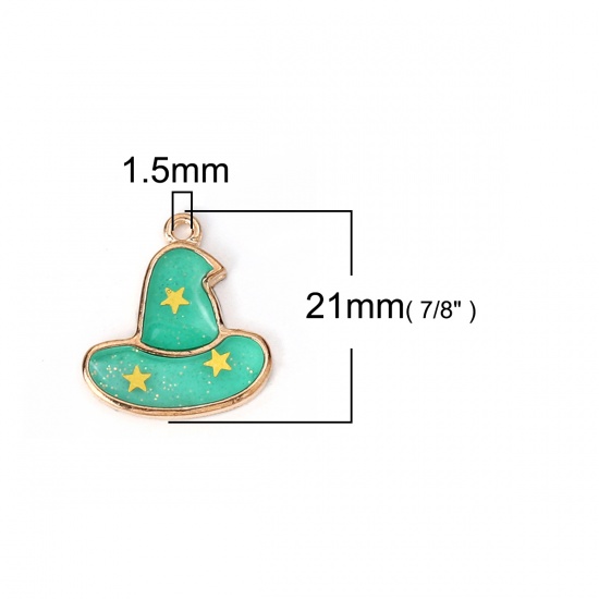 Picture of Zinc Based Alloy Halloween Charms Halloween Witch Gold Plated Green Hat Enamel Glitter 21mm( 7/8") x 19mm( 6/8"), 10 PCs
