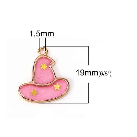 Picture of Zinc Based Alloy Halloween Charms Halloween Witch Gold Plated Pink Hat Enamel Glitter 21mm( 7/8") x 19mm( 6/8"), 10 PCs
