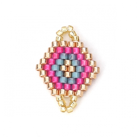 Picture of Glass Seed Beads Connectors Rhombus Golden Hot Pink Handmade 20mm x 14mm - 18mm x 14mm, 2 PCs