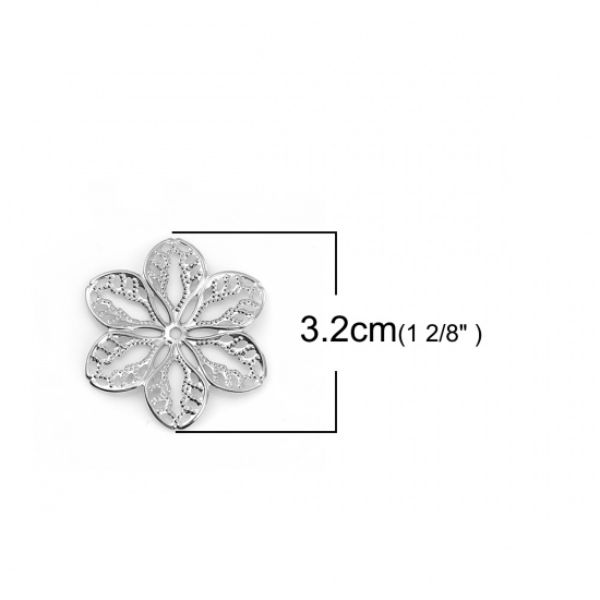 Immagine di Lega di Ferro Filigree Stamping Cabochon per Abbellimento Fiore Tono Argento 32mm x 29mm, 100 Pz