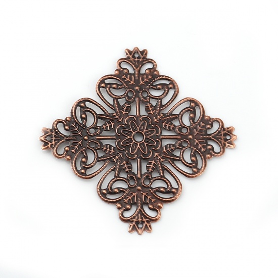Bild von Eisenlegierung Filigran Stempel Verzierung Embellishments Cabochons Quadrat Rotkupferfarbe 56mm x 56mm, 30 Stück