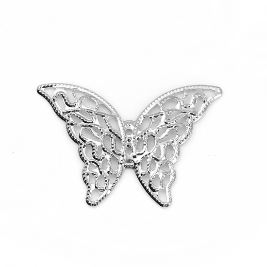 Bild von Eisenlegierung Filigran Stempel Verzierung Dom Cabochon Verzierung Schmetterling Silberfarbe 41mm x 29mm, 50 Stück