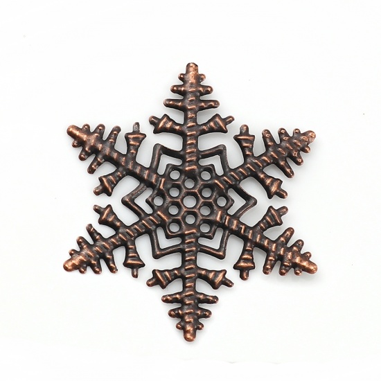 Bild von Eisenlegierung Filigran Stempel Verzierung Embellishments Cabochons Weihnachten Schneeflocke Rotkupferfarbe 45mm x 45mm, 30 Stück