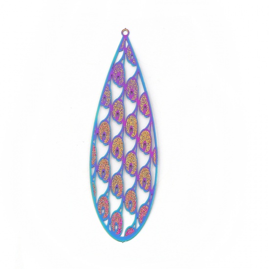 Picture of Brass Enamel Painting Pendants Multicolor Feather Drop Filigree Stamping 75mm x 23mm, 2 Pairs                                                                                                                                                                 