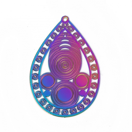 Picture of Brass Enamel Painting Pendants Multicolor Drop Circle Filigree Stamping 54mm x 37mm, 2 Pairs                                                                                                                                                                  