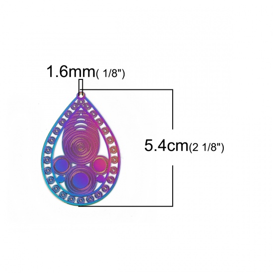 Immagine di Ottone Pittura di Smalto Ciondoli Multicolore Goccia Circolo Filigree Stamping 54mm x 37mm, 2 Paia                                                                                                                                                            