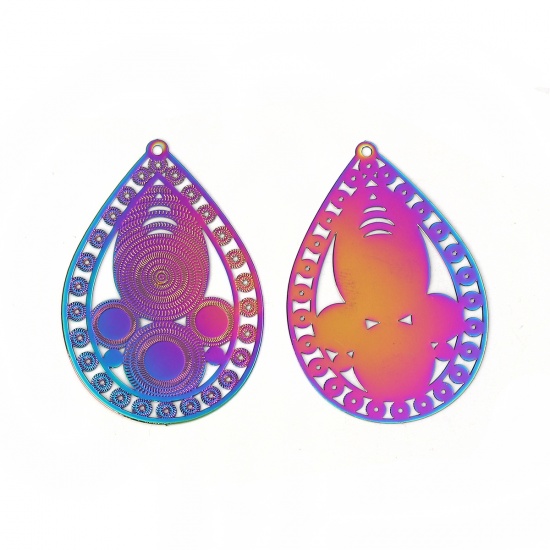 Picture of Brass Enamel Painting Pendants Multicolor Drop Circle Filigree Stamping 54mm x 37mm, 2 Pairs                                                                                                                                                                  