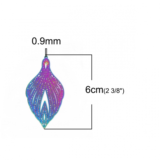 Picture of Brass Enamel Painting Pendants Multicolor Feather Filigree Stamping 60mm x 30mm, 2 Pairs                                                                                                                                                                      