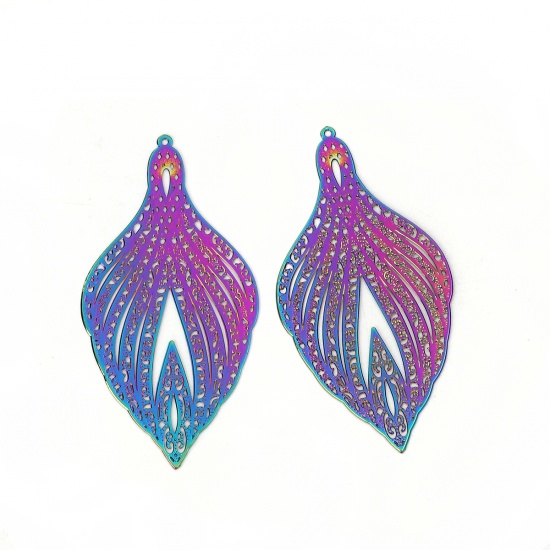 Picture of Brass Enamel Painting Pendants Multicolor Feather Filigree Stamping 60mm x 30mm, 2 Pairs                                                                                                                                                                      