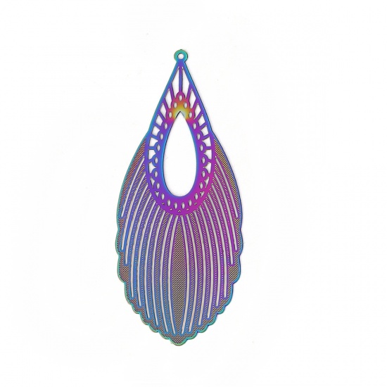 Изображение Латунь Эмалированная Живопись Подвески Разноцветный Перо Филигранные цветок железа 60мм x 25мм, 2 Пары                                                                                                                                                        