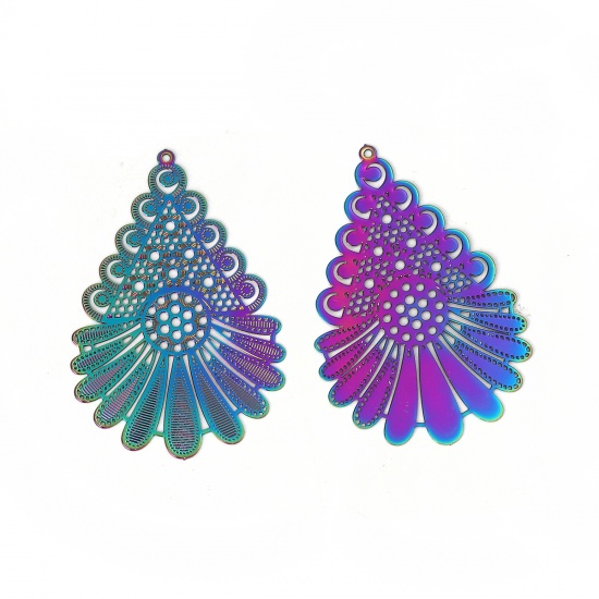 Picture of Brass Enamel Painting Pendants Multicolor Feather Filigree Stamping 47mm x 31mm, 2 Pairs                                                                                                                                                                      