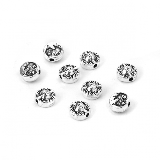 Picture of Zinc Based Alloy Spacer Beads Round Antique Silver Sun And Moon Face 8mm x 7mm, Hole: Approx 1.4mm, 100 PCs