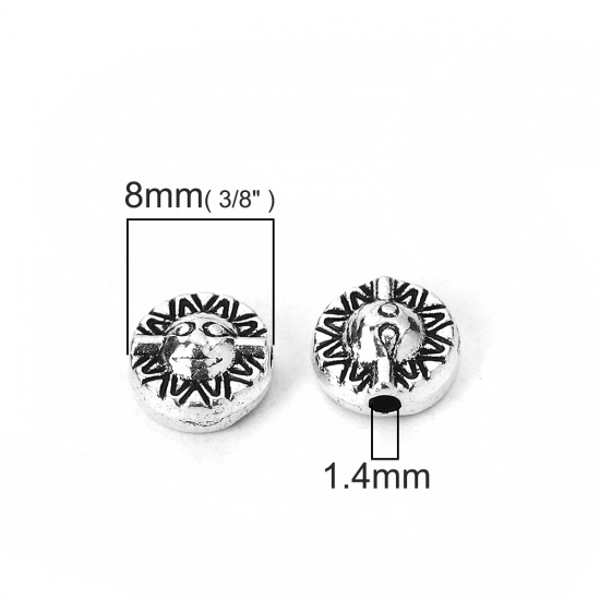 Picture of Zinc Based Alloy Spacer Beads Round Antique Silver Sun And Moon Face 8mm x 7mm, Hole: Approx 1.4mm, 100 PCs