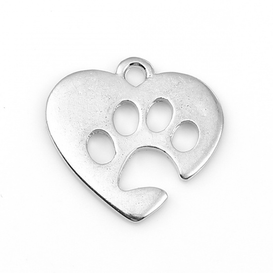 Picture of Zinc Based Alloy Charms Dog's Paw Silver Tone Heart 20mm( 6/8") x 19mm( 6/8"), 20 PCs