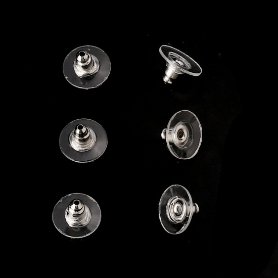 Immagine di Plastica & Ferro Orecchino Indietro Tappi Tondo Tono Argento Trasparente 10mm x 6mm, 1 Scatola