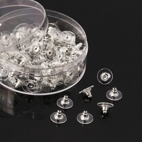 Picture of Plastic & Iron Based Alloy Ear Nuts Post Stopper Earring Findings Round Silver Tone Transparent Clear 10mm x 6mm, 1 Box (Approx 100 PCs/Box)