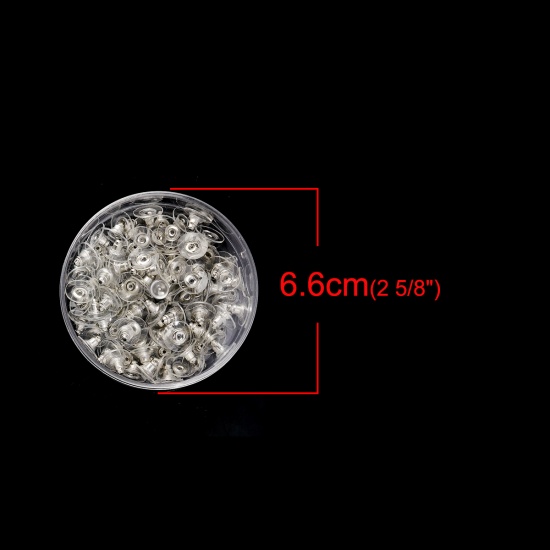 Picture of Plastic & Iron Based Alloy Ear Nuts Post Stopper Earring Findings Round Silver Tone Transparent Clear 10mm x 6mm, 1 Box (Approx 100 PCs/Box)
