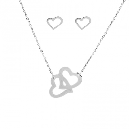 Picture of 316 Stainless Steel Jewelry Necklace Stud Earring Set Silver Tone Heart 47.5cm(18 6/8") long, 10mm( 3/8") x 8mm( 3/8"), 1 Set”