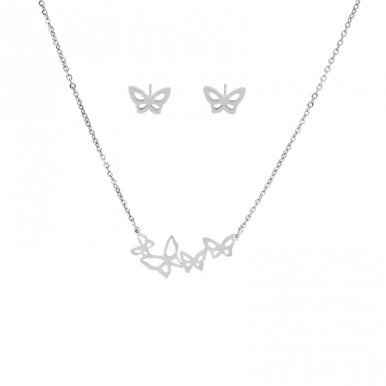 Bild von 316 Edelstahl Schmuck Set （Halskette & Ohrring） Silberfarbe Schmetterling 48cm lang, 9mm x 6mm, 1 Set”