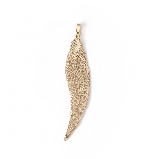 Picture of Brass & Natural Leaf Pendants Gold Plated 59mm x 12mm(2 3/8"x4/8") - 56mm x 11mm(2 2/8"x3/8"), 2 PCs                                                                                                                                                          