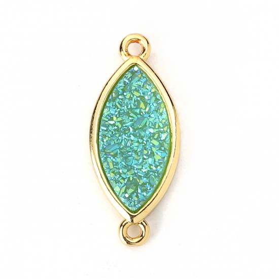 Picture of Brass & Synthetic Quartz Druzy/ Drusy Connectors Leaf Gold Plated Green Blue 22mm x 9mm, 2 PCs                                                                                                                                                                