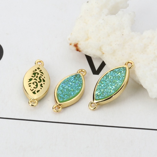 Picture of Brass & Synthetic Quartz Druzy/ Drusy Connectors Leaf Gold Plated Green Blue 22mm x 9mm, 2 PCs                                                                                                                                                                