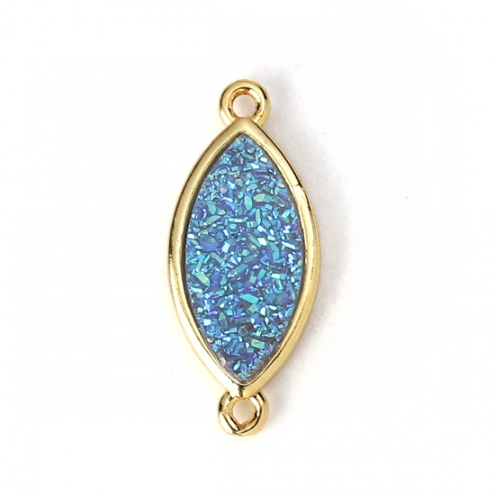 Picture of Brass & Synthetic Quartz Druzy/ Drusy Connectors Leaf Gold Plated Blue 22mm x 9mm, 2 PCs                                                                                                                                                                      