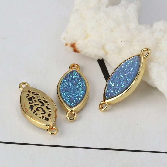 Picture of Brass & Synthetic Quartz Druzy/ Drusy Connectors Leaf Gold Plated Blue 22mm x 9mm, 2 PCs                                                                                                                                                                      