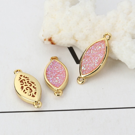 Picture of Brass & Synthetic Quartz Druzy/ Drusy Connectors Leaf Gold Plated Pink 22mm x 9mm, 2 PCs                                                                                                                                                                      