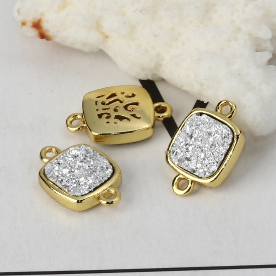 Picture of Brass & Synthetic Quartz Druzy/ Drusy Connectors Rectangle Gold Plated White 15mm x 10mm, 2 PCs                                                                                                                                                               