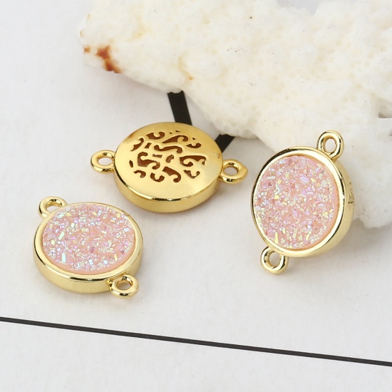 Picture of Copper & Synthetic Quartz Druzy/ Drusy Connectors Round Gold Plated Pink 17mm x 12mm, 2 PCs