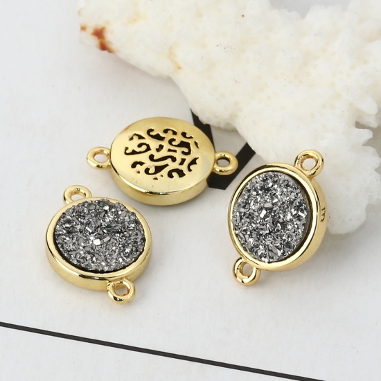 Picture of Brass & Synthetic Quartz Druzy/ Drusy Connectors Round Gold Plated Silver Color 17mm x 12mm, 2 PCs                                                                                                                                                            