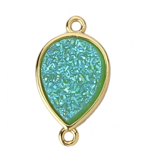 Picture of Brass & Synthetic Quartz Druzy/ Drusy Connectors Drop Gold Plated Green Blue 20mm x 12mm, 2 PCs                                                                                                                                                               