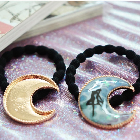 Picture of Zinc Based Alloy Open Back Bezel Pendants For Resin Hair Ties Gold Plated Black Half Moon 32mm(1 2/8") x 30mm(1 1/8"), 1 Piece