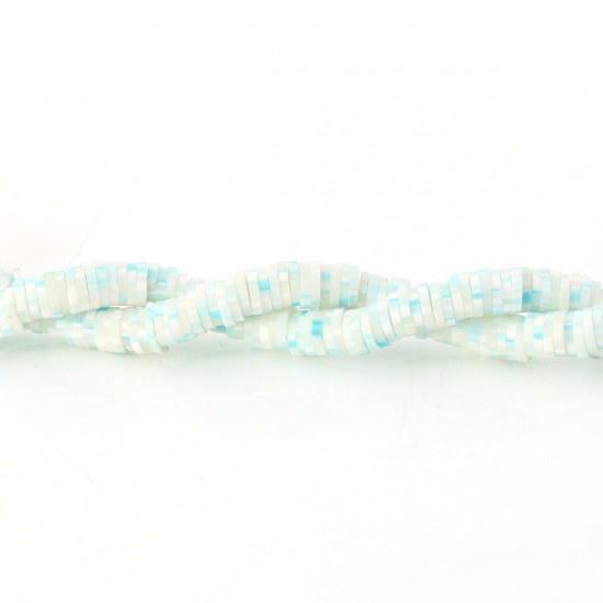 Picture of Polymer Clay Katsuki Beads Heishi Beads Disc Beads Round White & Blue About 6mm Dia, Hole: Approx 2.5mm, 40.5cm long, 3 Strands (Approx 326 PCs/Strand)