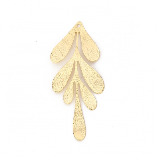 Picture of Brass Pendants Leaf 18K Real Gold Plated 62mm(2 4/8") x 27mm(1 1/8"), 2 PCs