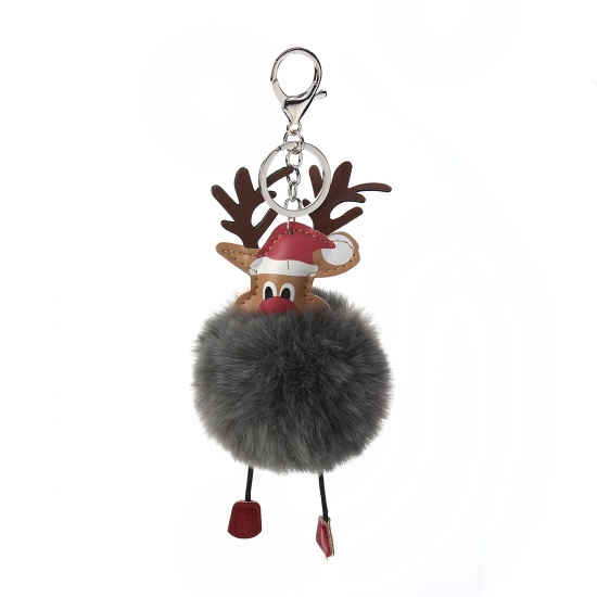 Picture of Plush Keychain & Keyring Pom Pom Ball Dark Gray Christmas Reindeer 21cm x 8cm, 1 Piece