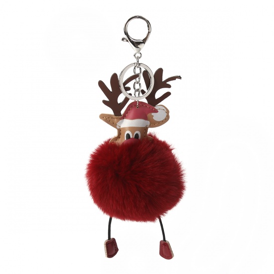 Picture of Plush Keychain & Keyring Pom Pom Ball Wine Red Christmas Reindeer 21cm x 8cm, 1 Piece