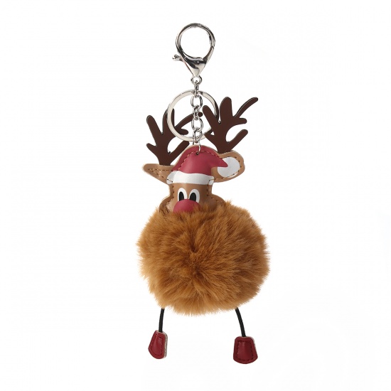 Picture of Plush Keychain & Keyring Pom Pom Ball Dark Coffee Christmas Reindeer 21cm x 8cm, 1 Piece