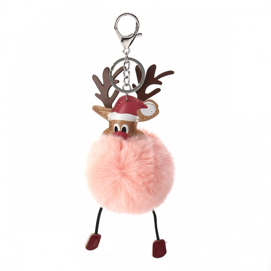 Picture of Plush Keychain & Keyring Pom Pom Ball Korea Pink Christmas Reindeer 21cm x 8cm, 1 Piece