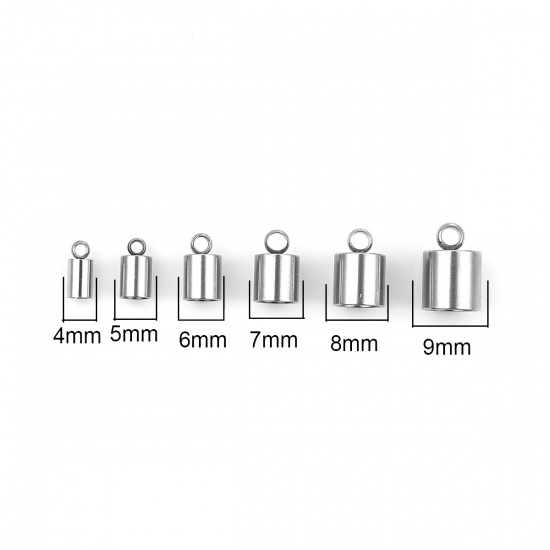 Picture of Stainless Steel Cord End Caps Cylinder Silver Tone Mixed (Fits 8mm - 3.3mm Cord) 14mm x9mm( 4/8" x 3/8") 9mm x4mm( 3/8" x 1/8"), 1 Box (Approx 48 PCs)