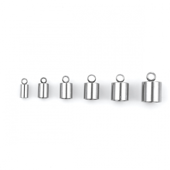 Picture of Stainless Steel Cord End Caps Cylinder Silver Tone Mixed (Fits 8mm - 3.3mm Cord) 14mm x9mm( 4/8" x 3/8") 9mm x4mm( 3/8" x 1/8"), 1 Box (Approx 48 PCs)