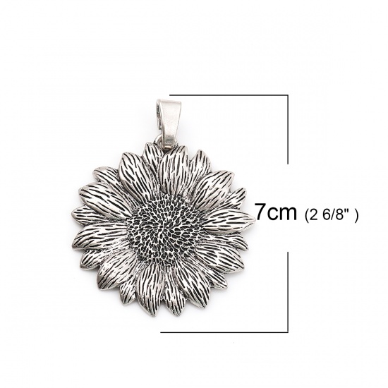 Picture of Zinc Based Alloy Pendants Sunflower Antique Silver Color 70mm(2 6/8") x 57mm(2 2/8"), 2 PCs