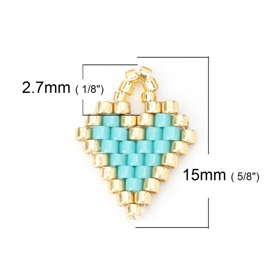 Bild von Glas Rocailles Perlen Charms Herz Cyan 15mm x 12mm, 2 Stück