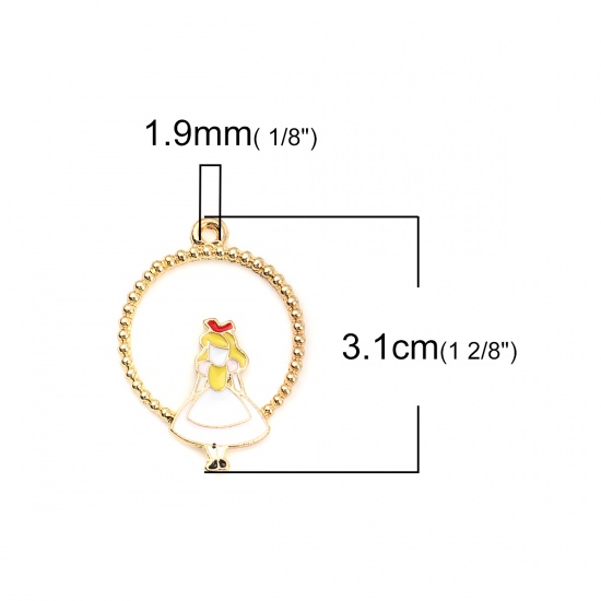 Picture of Zinc Based Alloy Fairy Tale Collection Pendants Round Gold Plated Multicolor Girl Enamel 31mm(1 2/8") x 22mm( 7/8"), 5 PCs