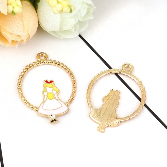 Picture of Zinc Based Alloy Fairy Tale Collection Pendants Round Gold Plated Multicolor Girl Enamel 31mm(1 2/8") x 22mm( 7/8"), 5 PCs